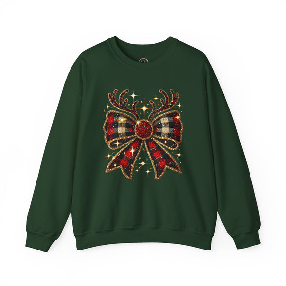 Plaid Reindeer Bow Crewneck Sweatshirt