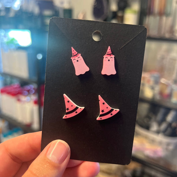 Pink Ghost and Hat Stud Earrings Set