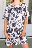 white and brown cow print tee shirt dress