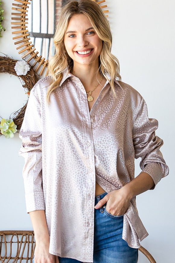 First Love Full Size Ditsy Dot Button Down Collared Satin Shirt